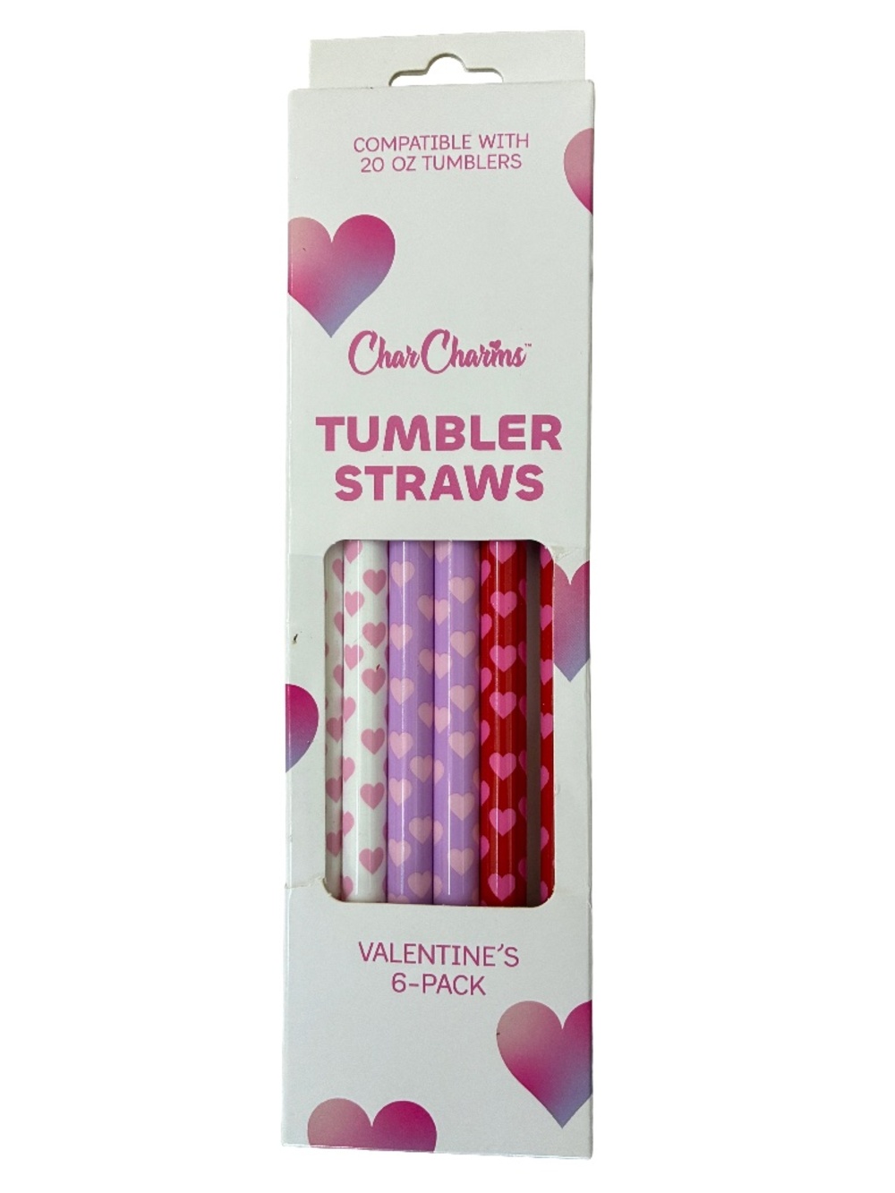 CharCharms 6-Pack 20oz Valentine's Water Bottle Tumbler Straws BPA-Free